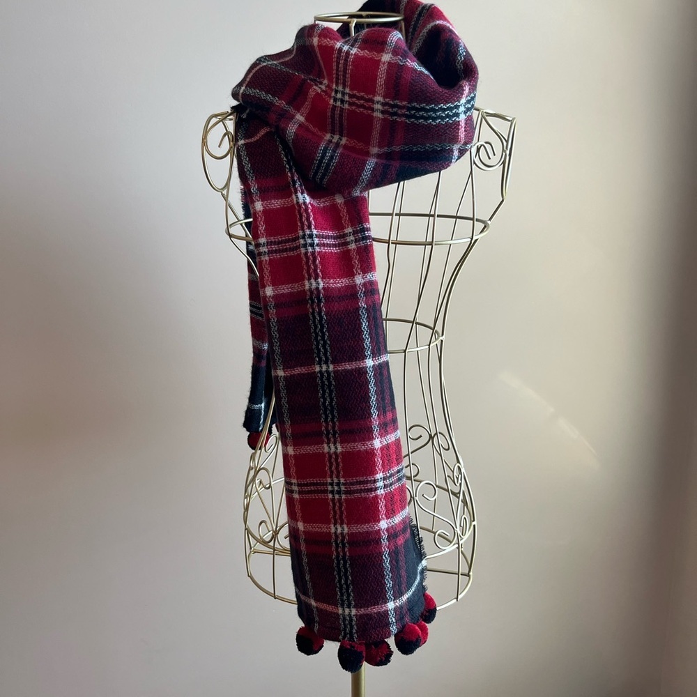 Winter Warming Scarf Black and Red Plaid with Pom Poms 68” x 22”